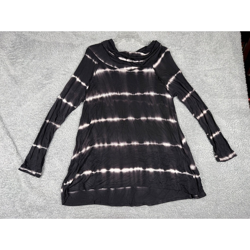 Ezra Tunic Top Women Large Black White y2k Tie Dye Cowl Neck Long Sleeve T6779TD